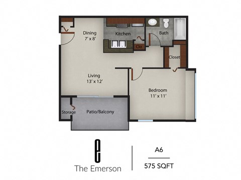 Floor plan for 1 bed, 1 bath, 575 sqft